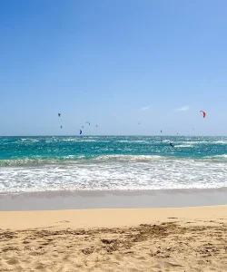 Kite Beach on Sal Island, Cape Verde, with kitesurfers riding the waves